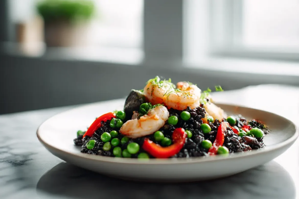 Paella de riz noir express au airfryer Paella de riz noir express au Airfryer, savoureuse et colorée