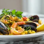 Savoureuse paella fruits de mer au Airfryer, prête en un rien de temps.