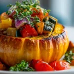 Potimarron farci au Airfryer, savoureux et coloré.