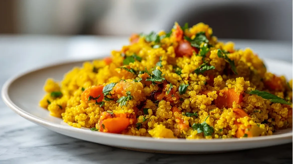 Quinoa au curcuma au airfryer Quinoa au curcuma préparé en Airfryer, coloré et savoureux