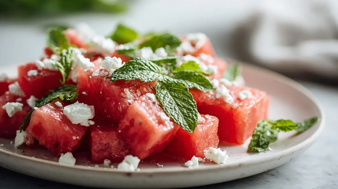 Salade de pastèque et féta préparée en Airfryer, fraîche et colorée