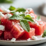 Salade de pastèque et féta préparée en Airfryer, fraîche et colorée