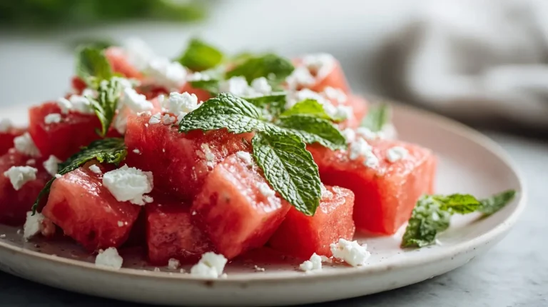 Salade de pastèque et féta préparée en Airfryer, fraîche et colorée