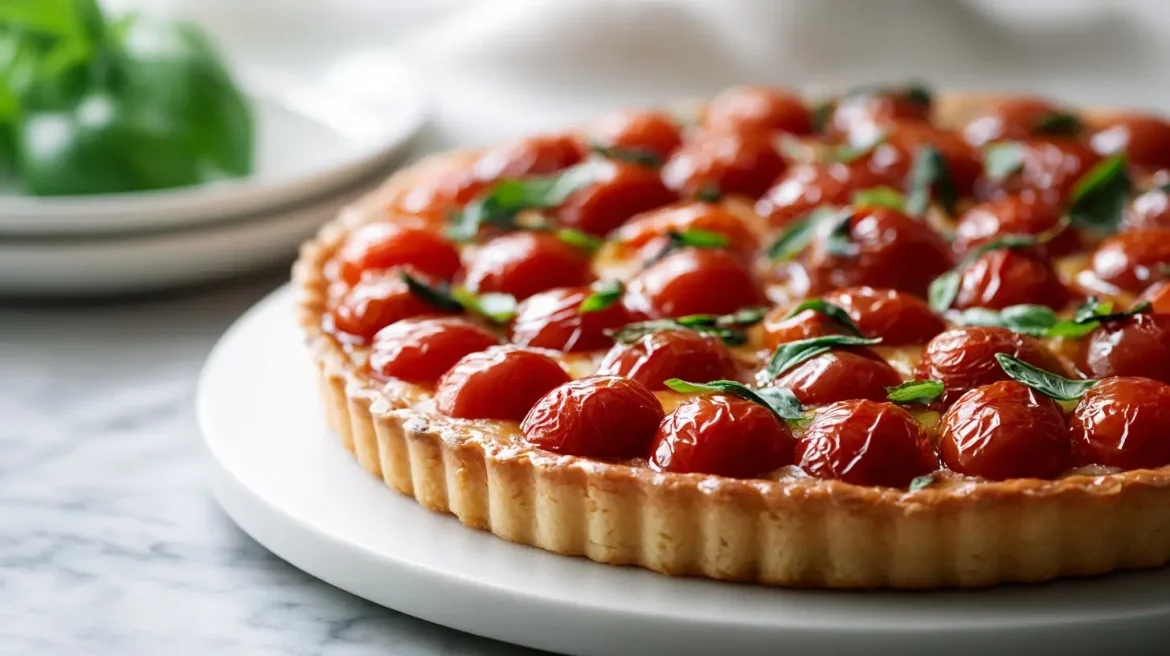 Délicieuse tarte fine aux tomates cerises cuite en Airfryer, croustillante et colorée.