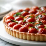 Délicieuse tarte fine aux tomates cerises cuite en Airfryer, croustillante et colorée.