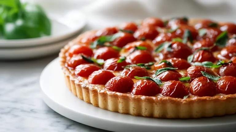 Délicieuse tarte fine aux tomates cerises cuite en Airfryer, croustillante et colorée.
