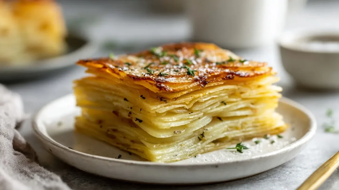 Délicieux millefeuille de pommes de terre cuit en Airfryer, croustillant et savoureux.