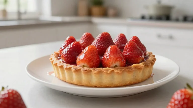 Délicieuse tarte aux fraises cuite à la perfection dans l'Airfryer, avec une croûte dorée et des fraises juteuses.