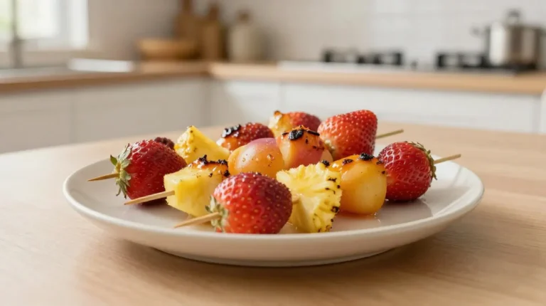 Délicieuses brochettes de fruits caramélisées au Airfryer, parfaites pour le dessert.