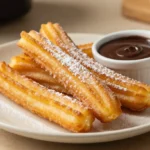 Délicieux churros au chocolat cuits à l'airfryer, croustillants et moelleux.