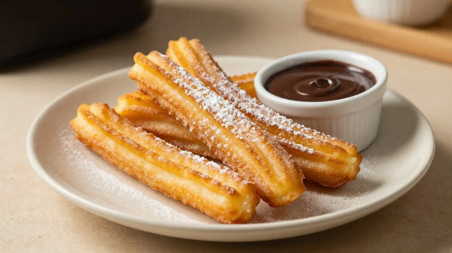 Délicieux churros au chocolat cuits à l'airfryer, croustillants et moelleux.