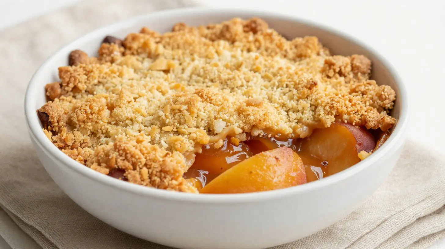 Délicieux crumble aux nectarines préparé dans un Airfryer avec une croûte dorée et croustillante.