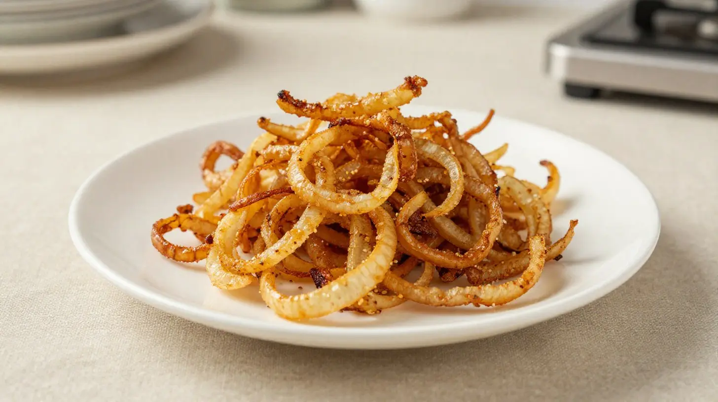 Délicieux oignons frits cuit à la perfection dans l'Airfryer, croustillants et savoureux.