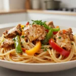 Délicieuse pasta au poulet cuite dans l'Airfryer, parfaite pour un repas rapide.