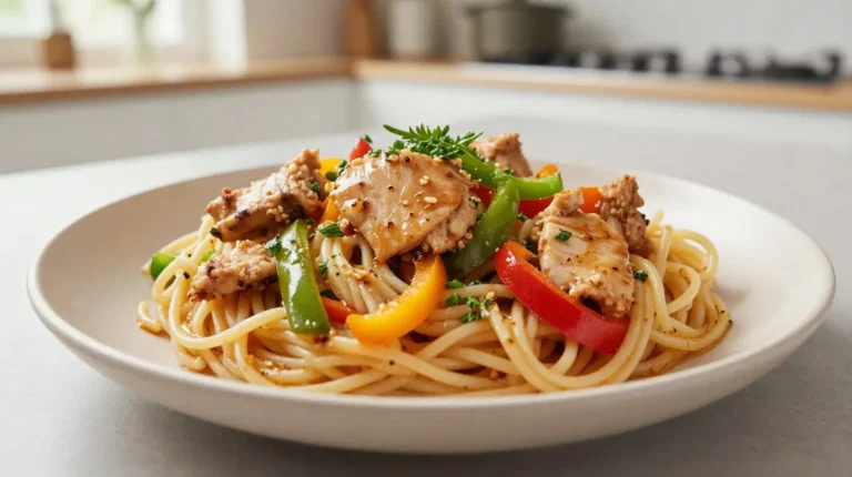 Délicieuse pasta au poulet cuite dans l'Airfryer, parfaite pour un repas rapide.