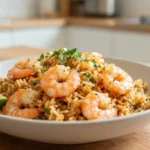 Délicieux riz sauté aux crevettes préparé au Airfryer, croquant et savoureux.