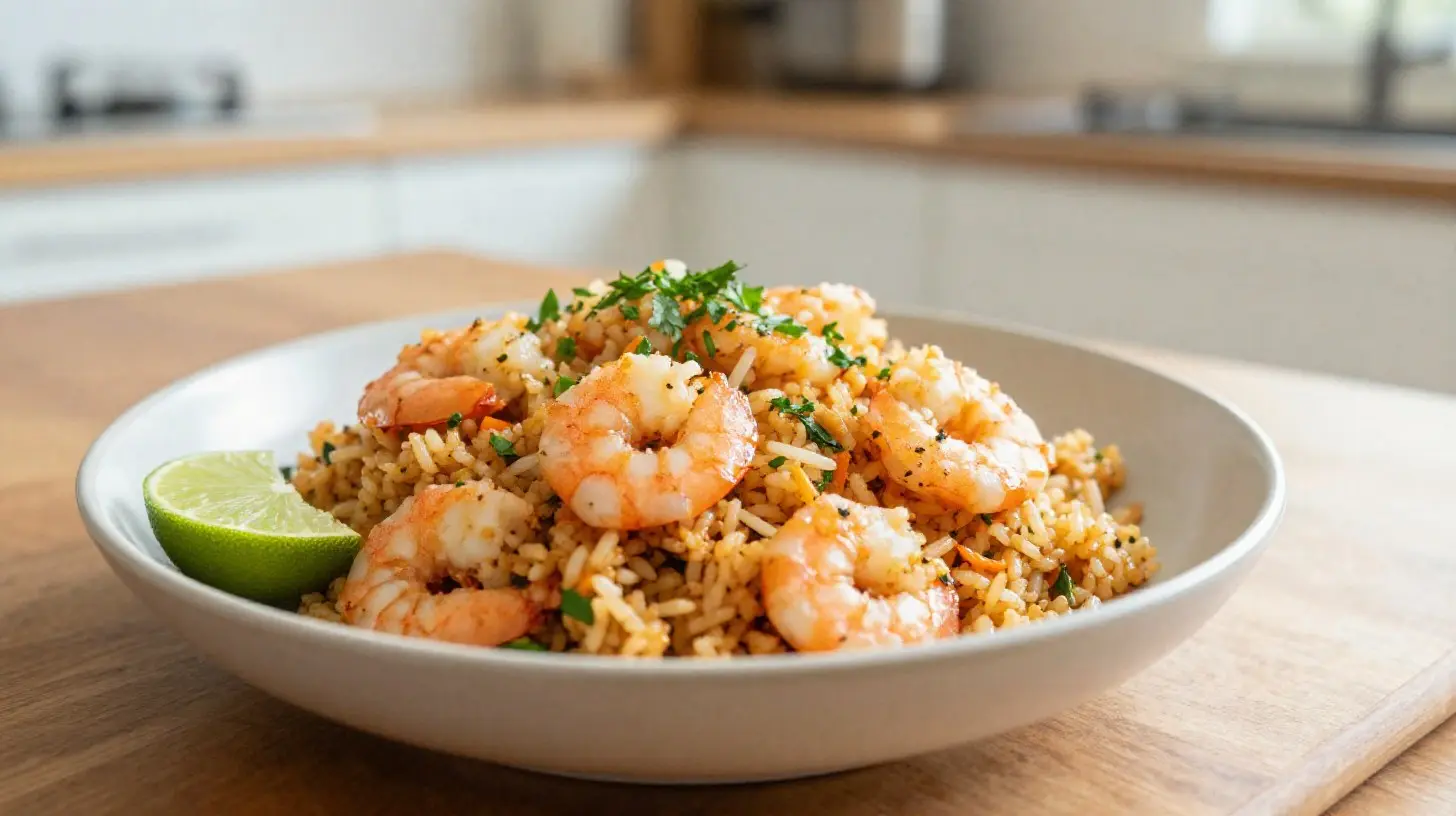 Délicieux riz sauté aux crevettes préparé au Airfryer, croquant et savoureux.