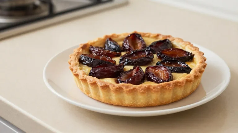 Délicieuse tarte aux pruneaux préparée au Airfryer, croustillante et savoureuse.